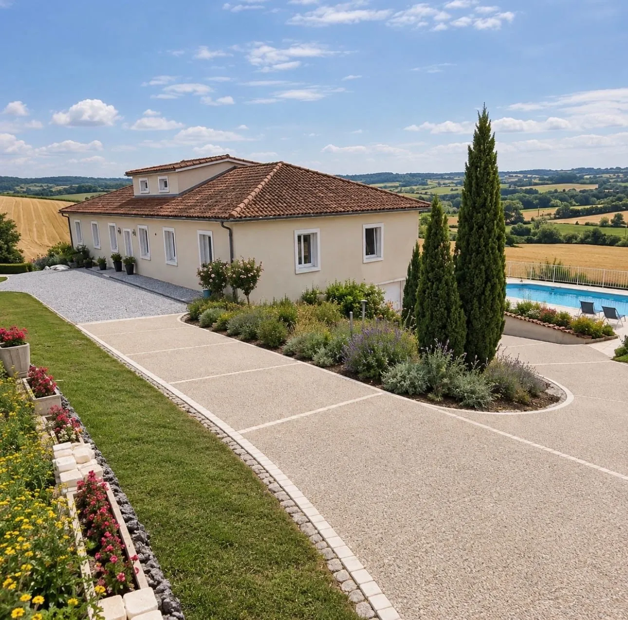 Maison avec allée en gravillons bordée de pavés clairs, massifs fleuris et piscine en arrière-plan