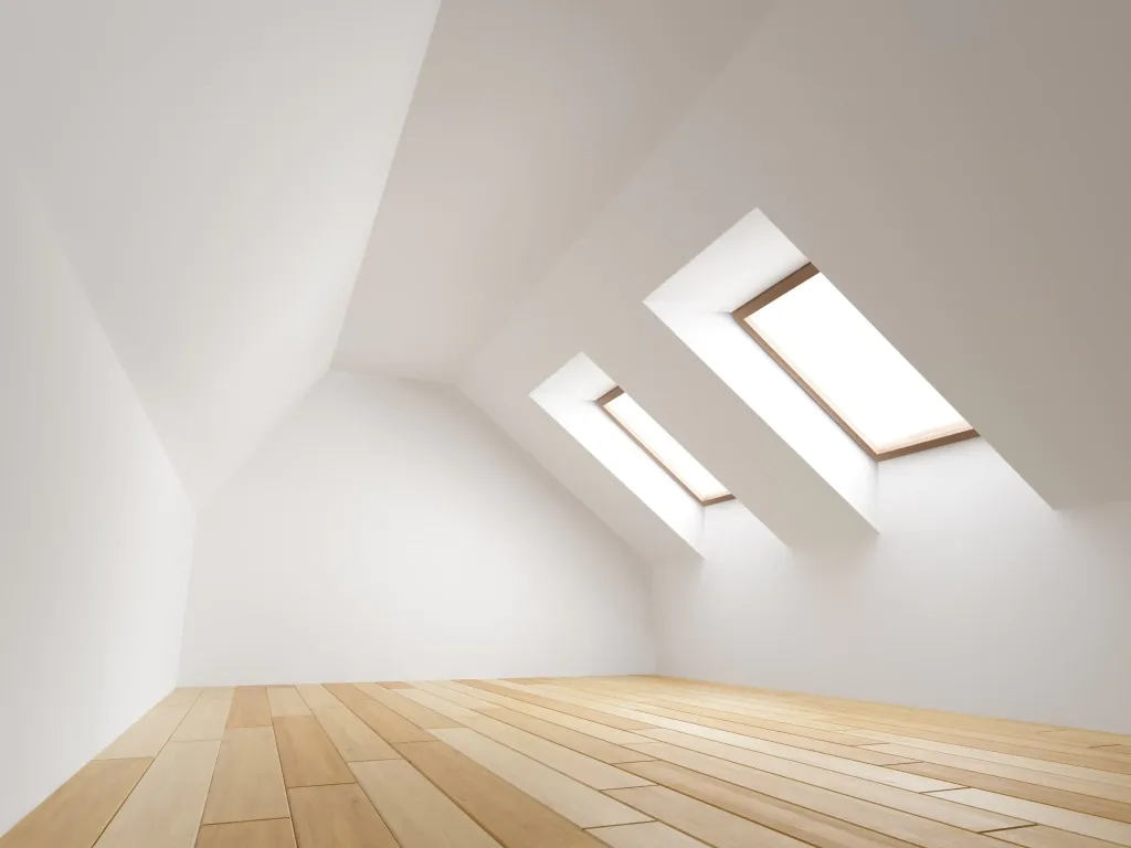 Combles aménagés vides sous rampants, murs blancs, deux fenêtres de toit et parquet clair.